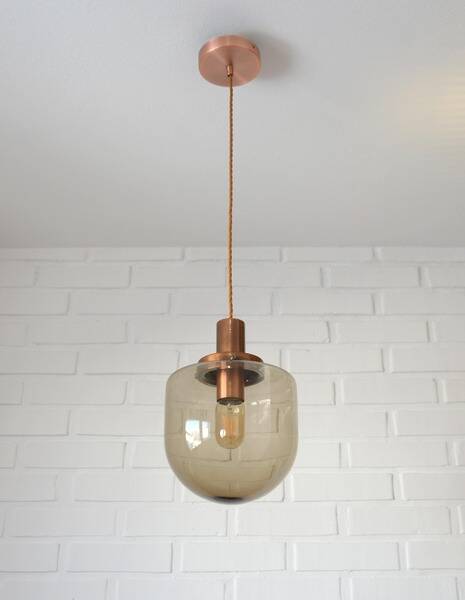 1 blown smoked glass pendant light / copper bar lamp / mid-century modern 1970s