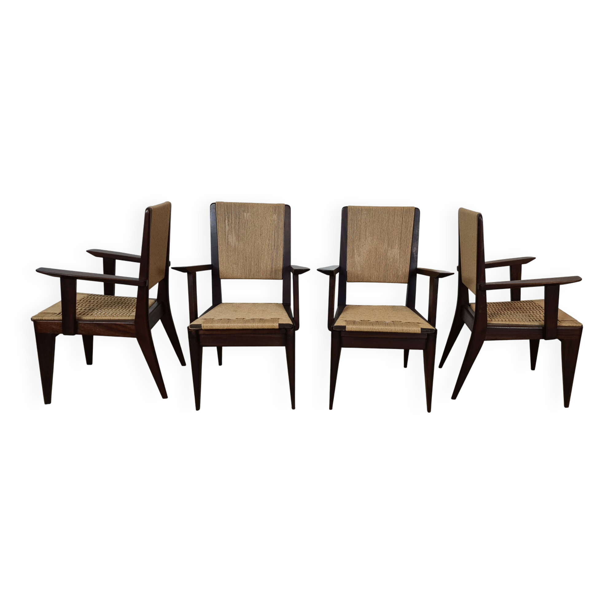 4 French mahogany and rope chairs 1950s