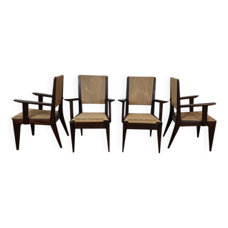 4 chaises françaises acajou et corde 1950s