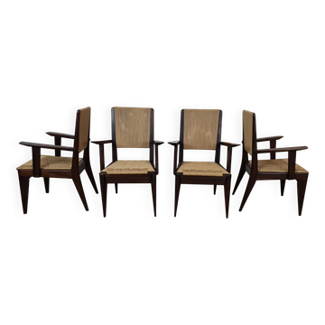 4 French mahogany and rope chairs 1950s