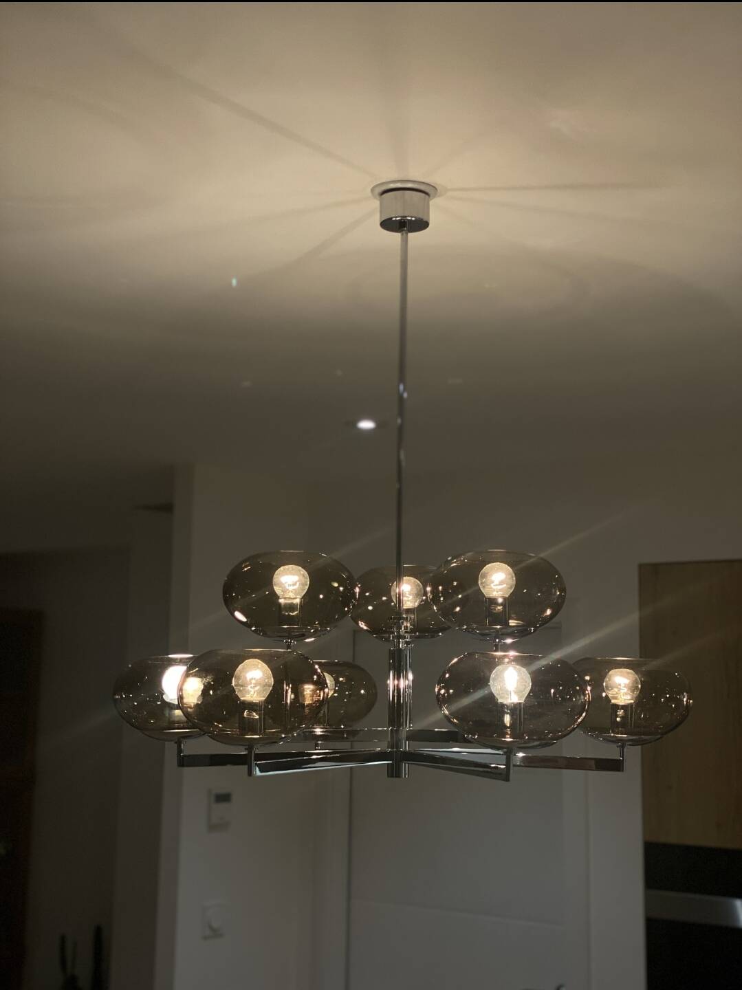Very rare - Sciolari 9-light chrome and smoked glass chandelier - 1970s - Vintage