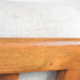 Fauteuil scandinave restauré avec repos-pieds, icône des années 60, tissu marron, teck