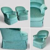 Paire de fauteuils crapaud velours vert d’eau 1970