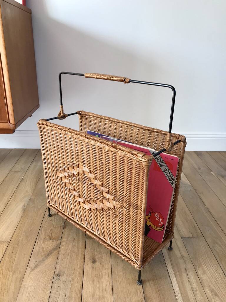 large wicker / rattan and black iron magazine rack from the 70s