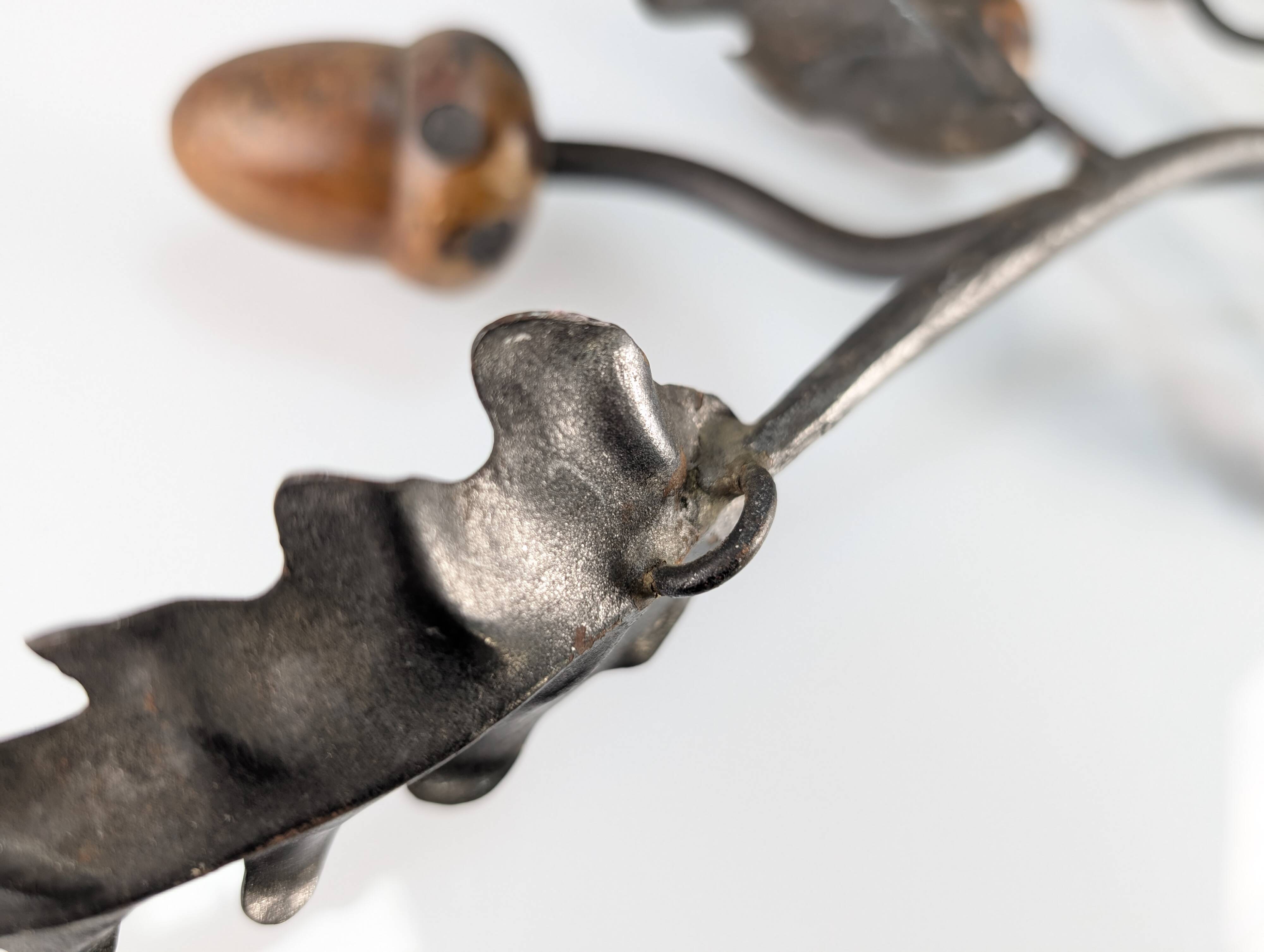 Signed Hand-Forged Iron & Wood Acorn Coat Rack, 1960s