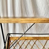 Vintage magazine rack in black metal, wood and rattan with ceramic ashtray