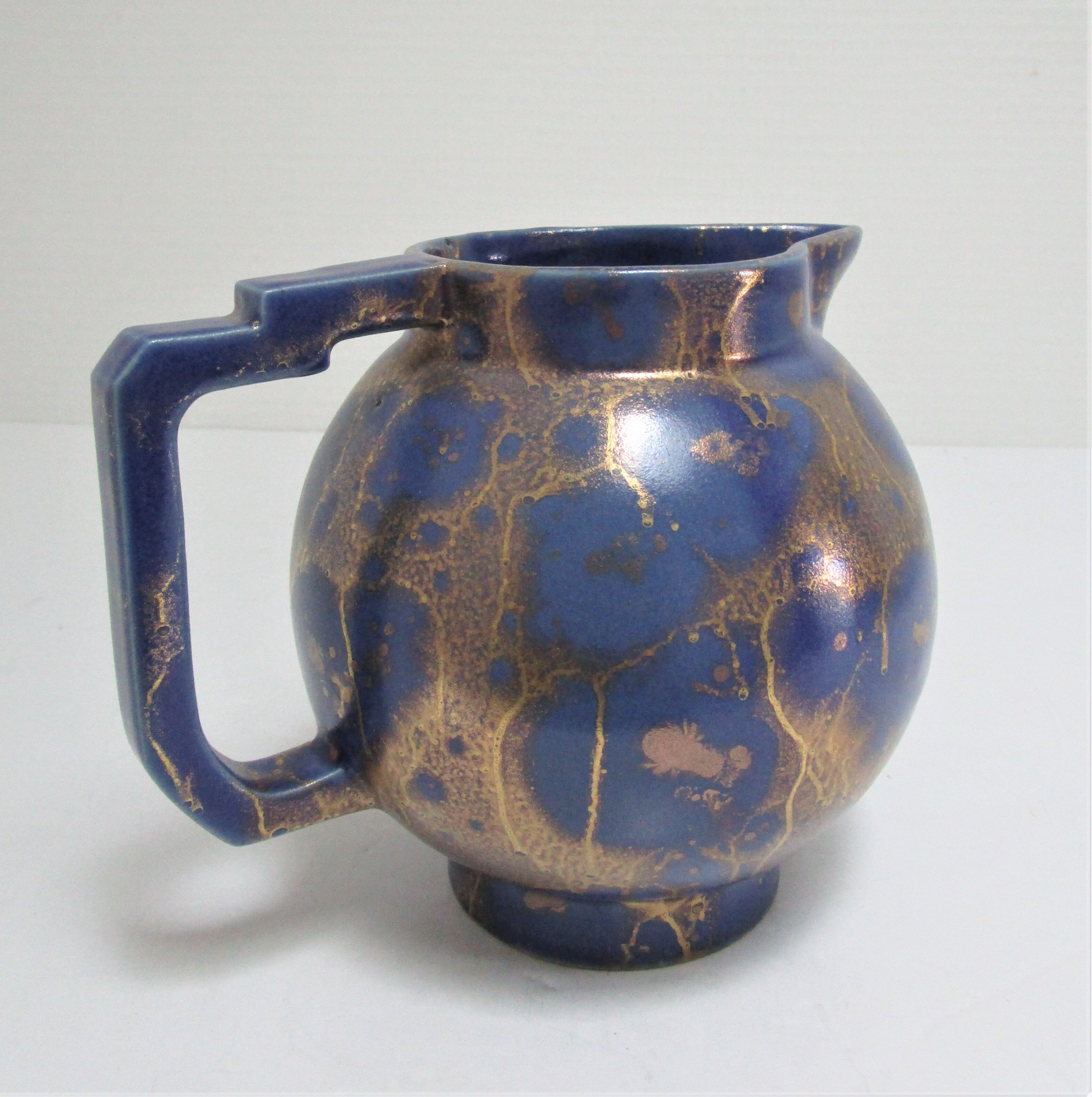 Art Deco ceramic pitcher enamel blue and gold by Lucien Brisdoux 1930s