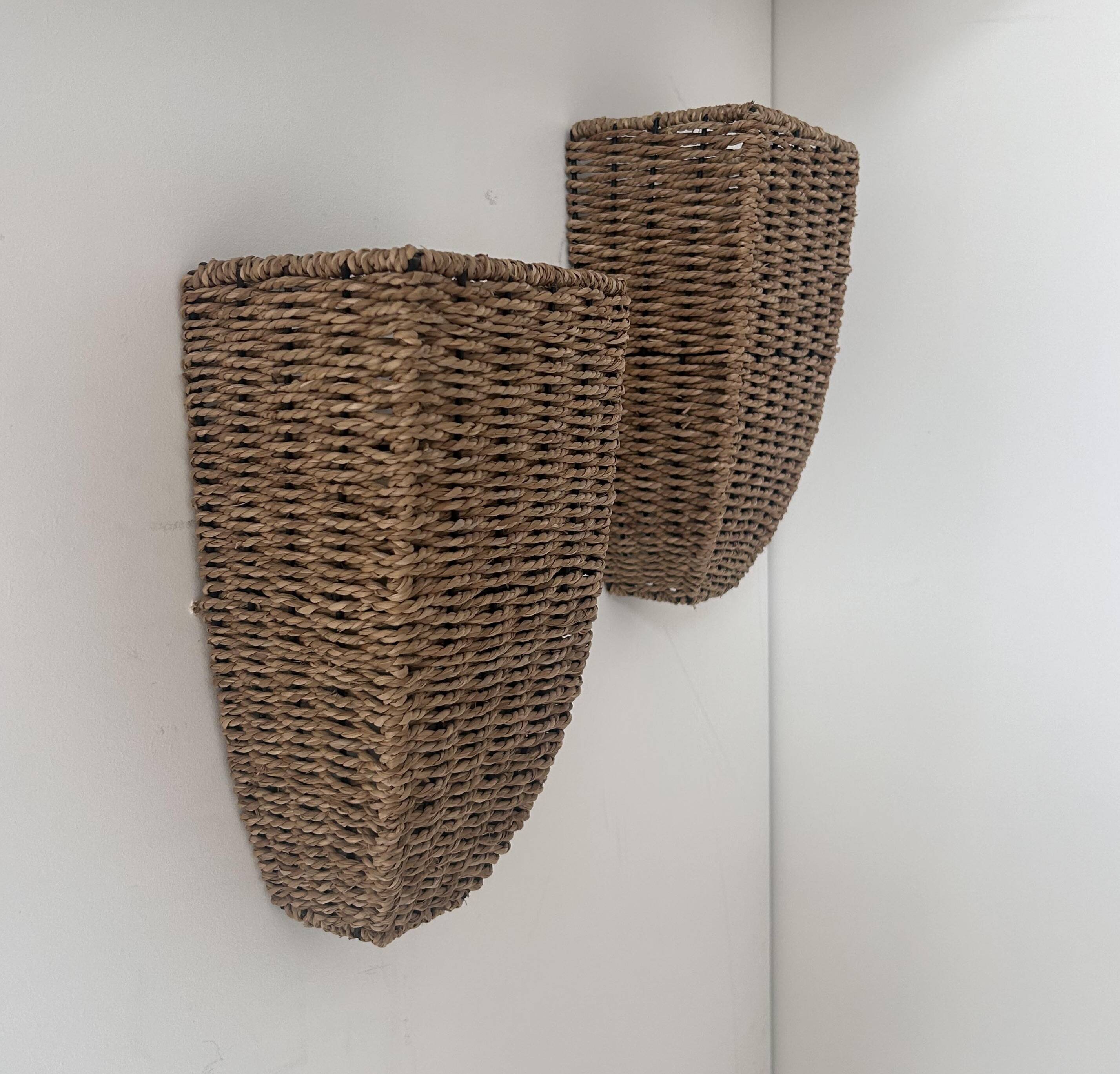 Pair of vintage wall lights, woven rattan, France 1980