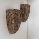 Pair of vintage wall lights, woven rattan, France 1980