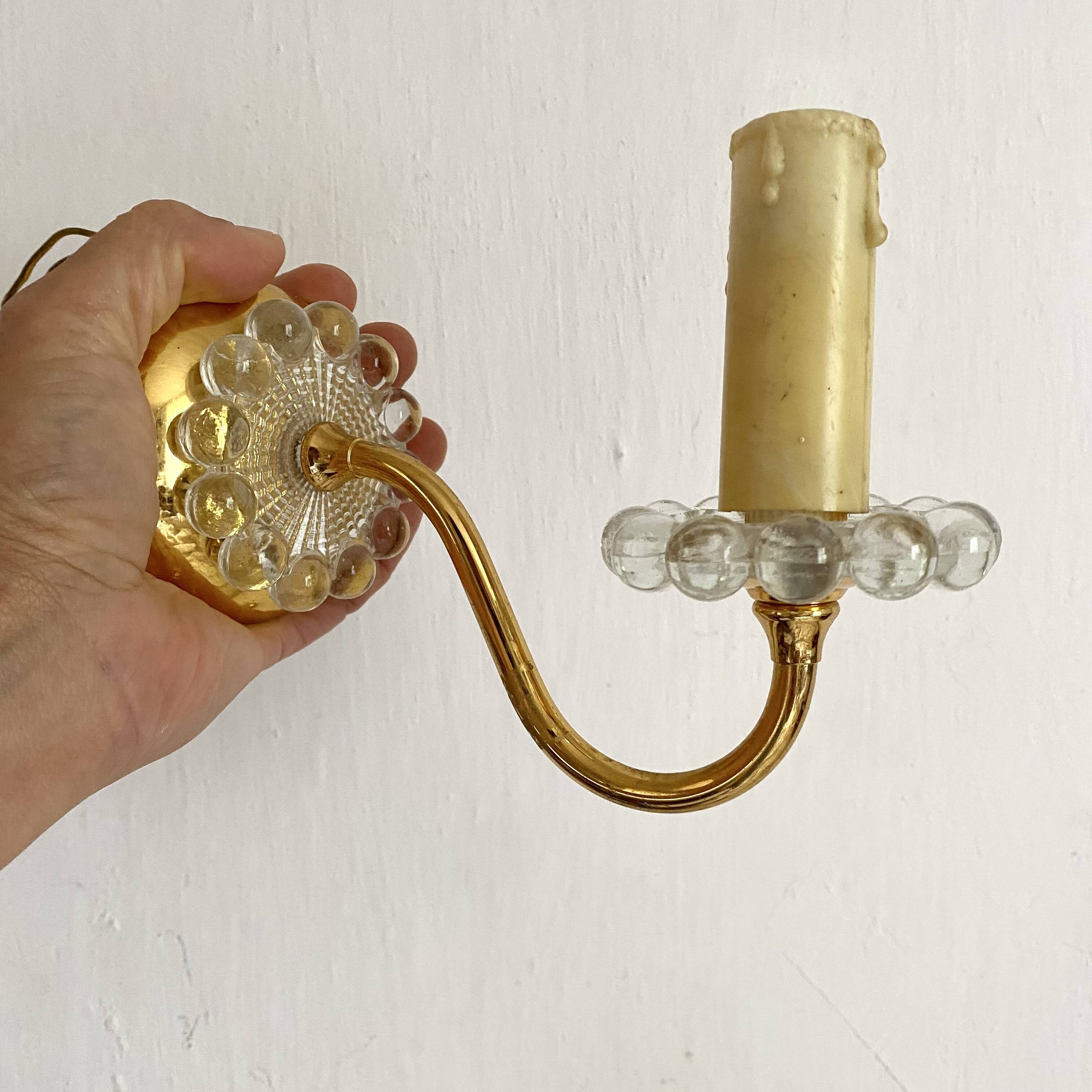 Pair of glass and gold metal wall lights from the 1960s