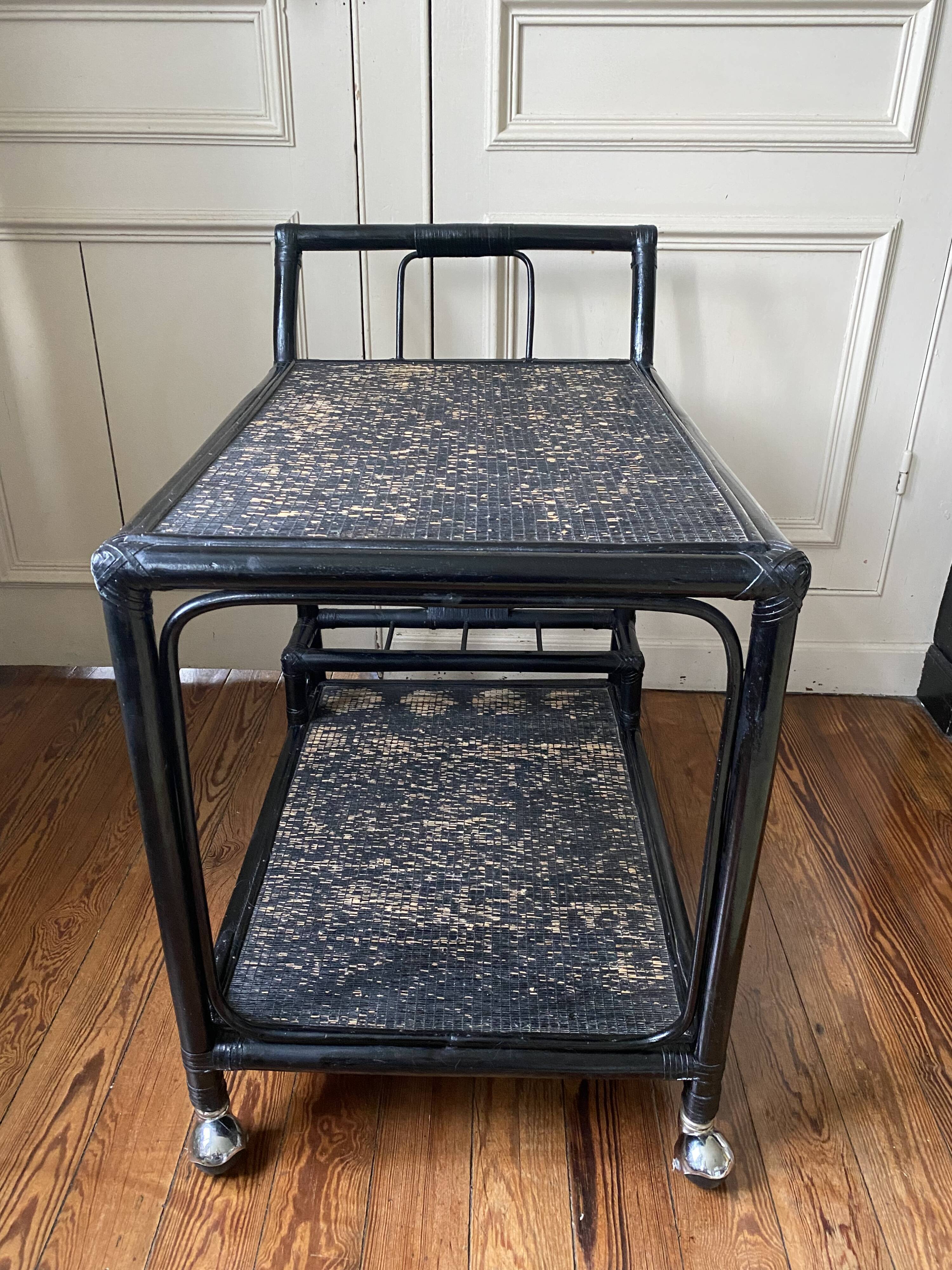 Black service in wood and rattan 70s