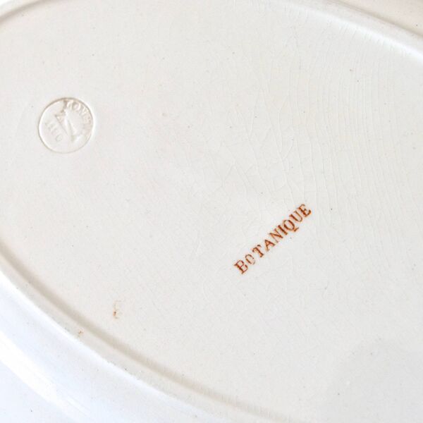 Grand plat ovale XIXe Longwy terre de fer sépia ''Botanique'' oiseau