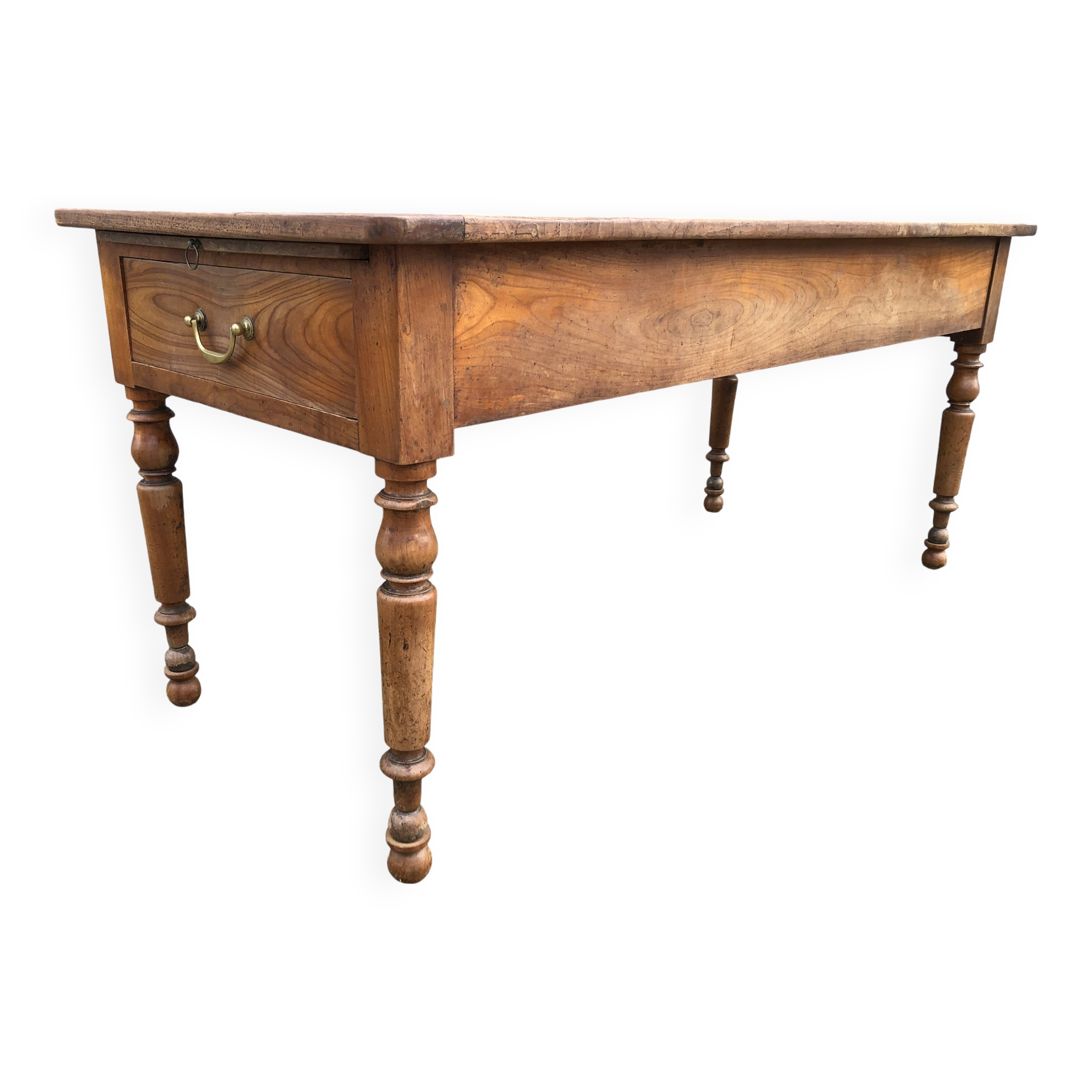 Antique cherry farmhouse table with 2 drawers and 1 pull-out