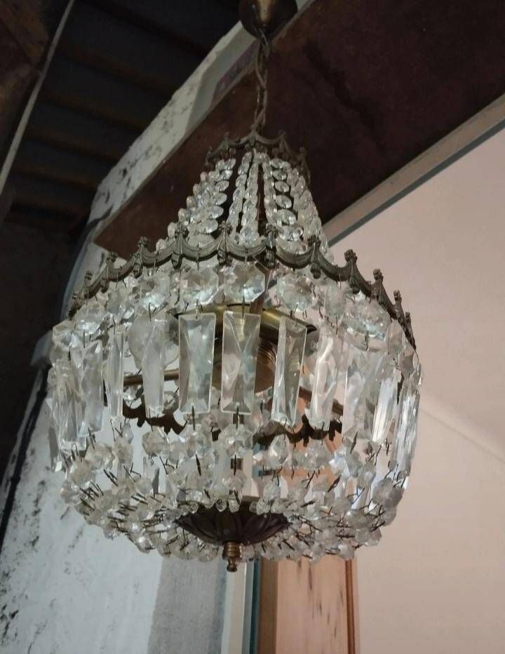 Lustre montgolfiere 3 feux bronze pampille cristal