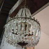 Lustre montgolfiere 3 feux bronze pampille cristal
