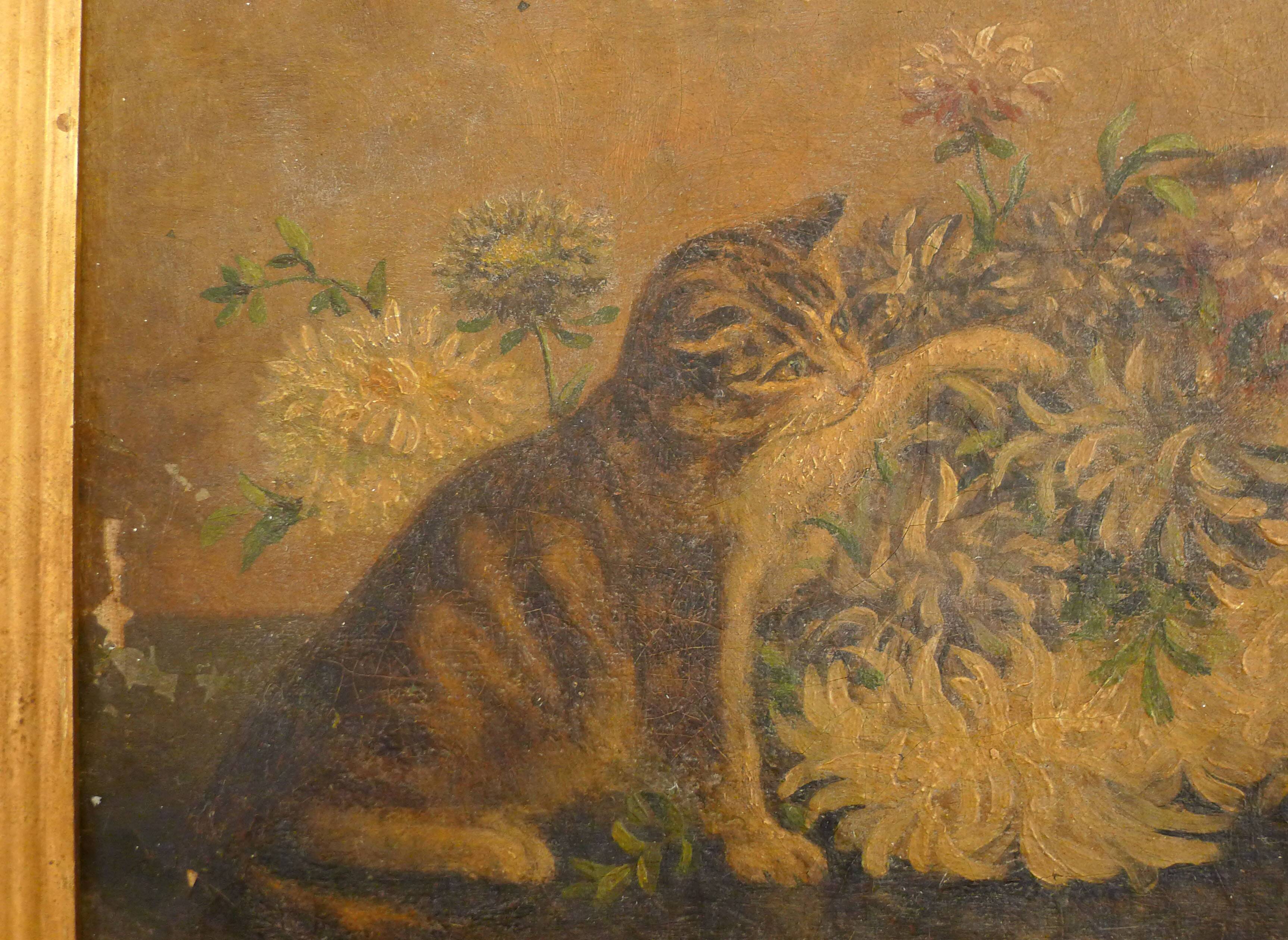 Old painting Cat & flowers