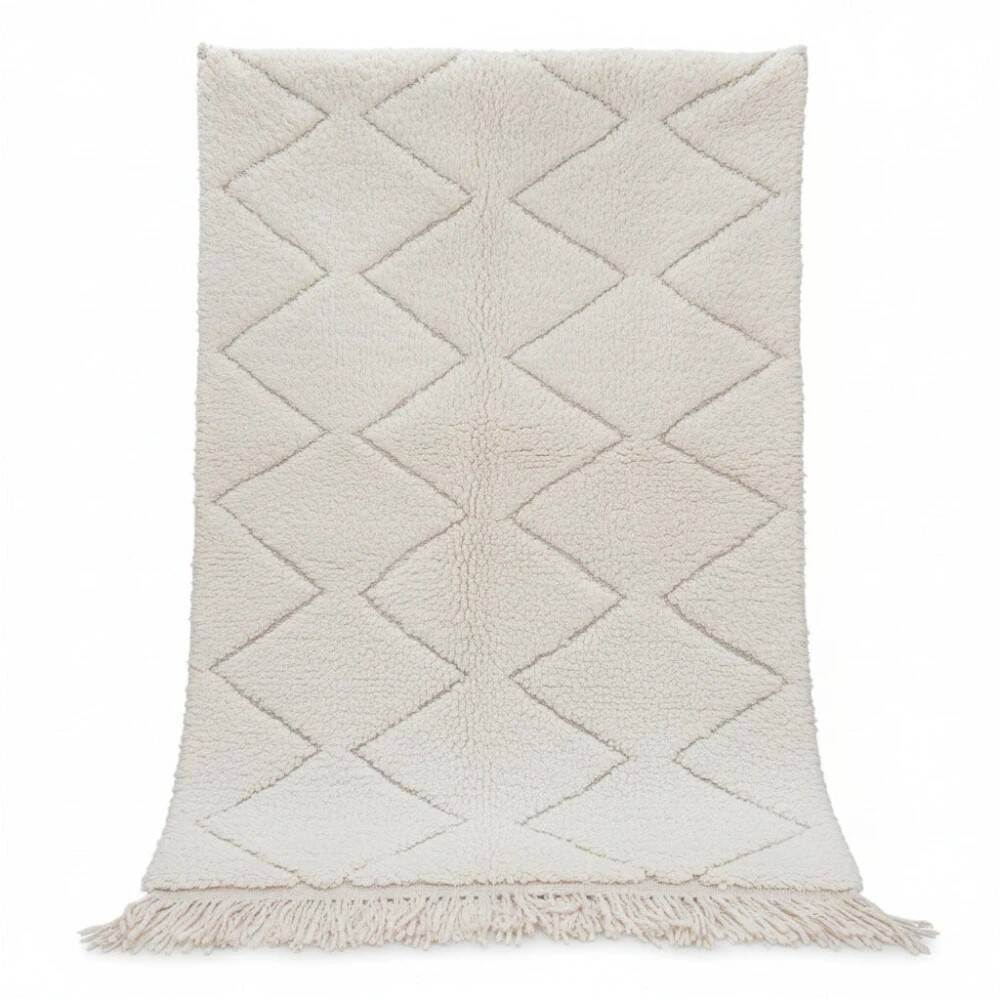 Small white Moroccan rug with diamond pattern