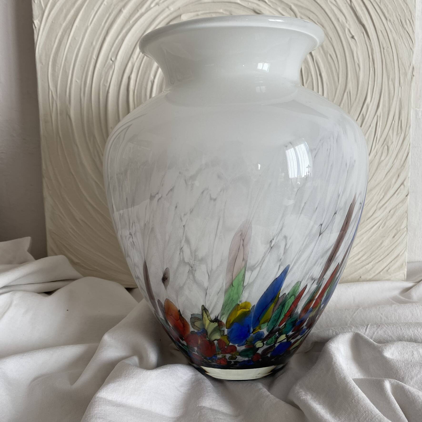 Large blown glass vase with polychrome inclusions in the Murano style.