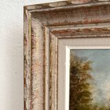 Old oil painting on cardboard landscape with house signed