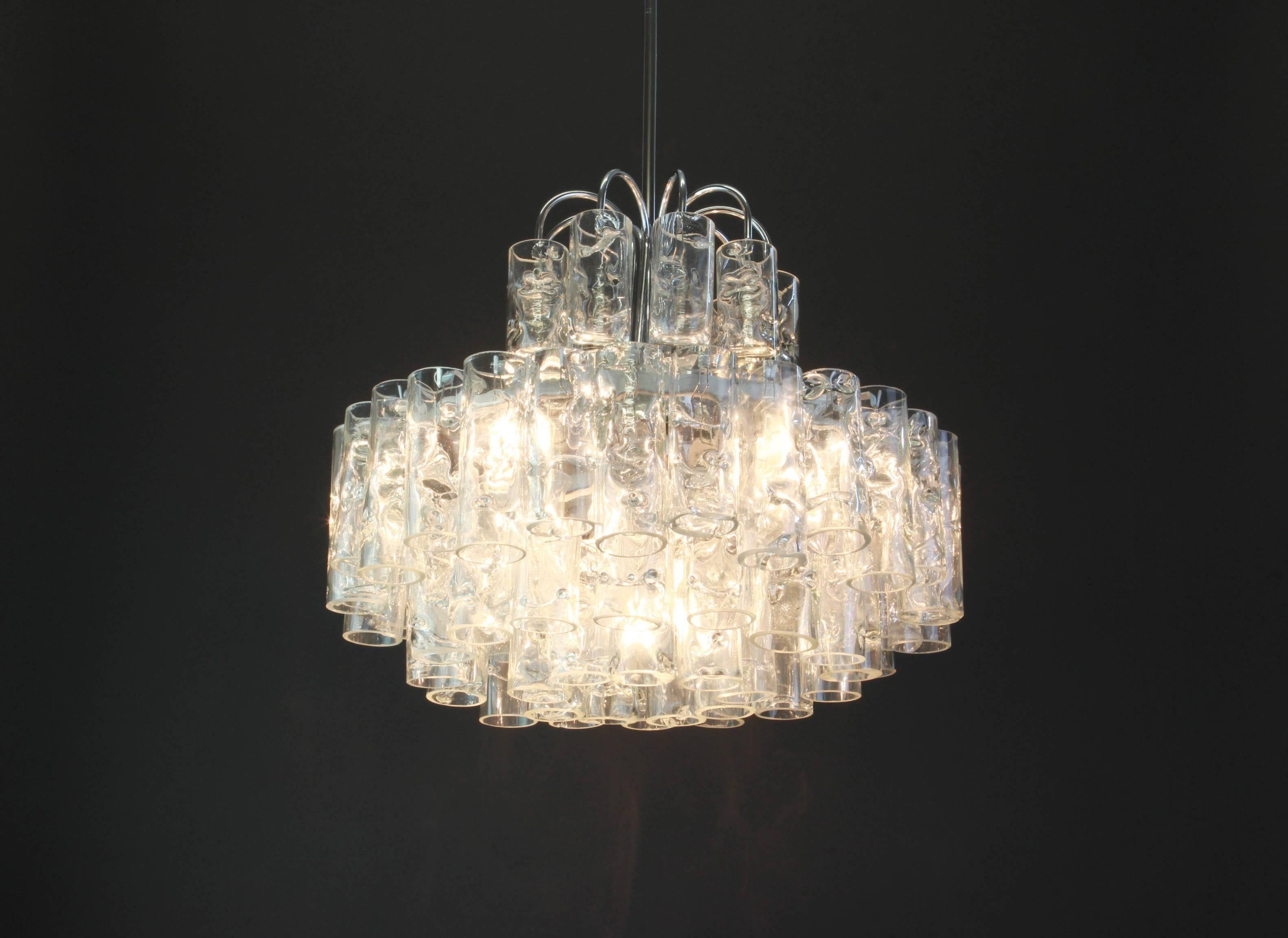 Superb glass tube chandelier in Murano ice by Doria, Germany, 1960s.