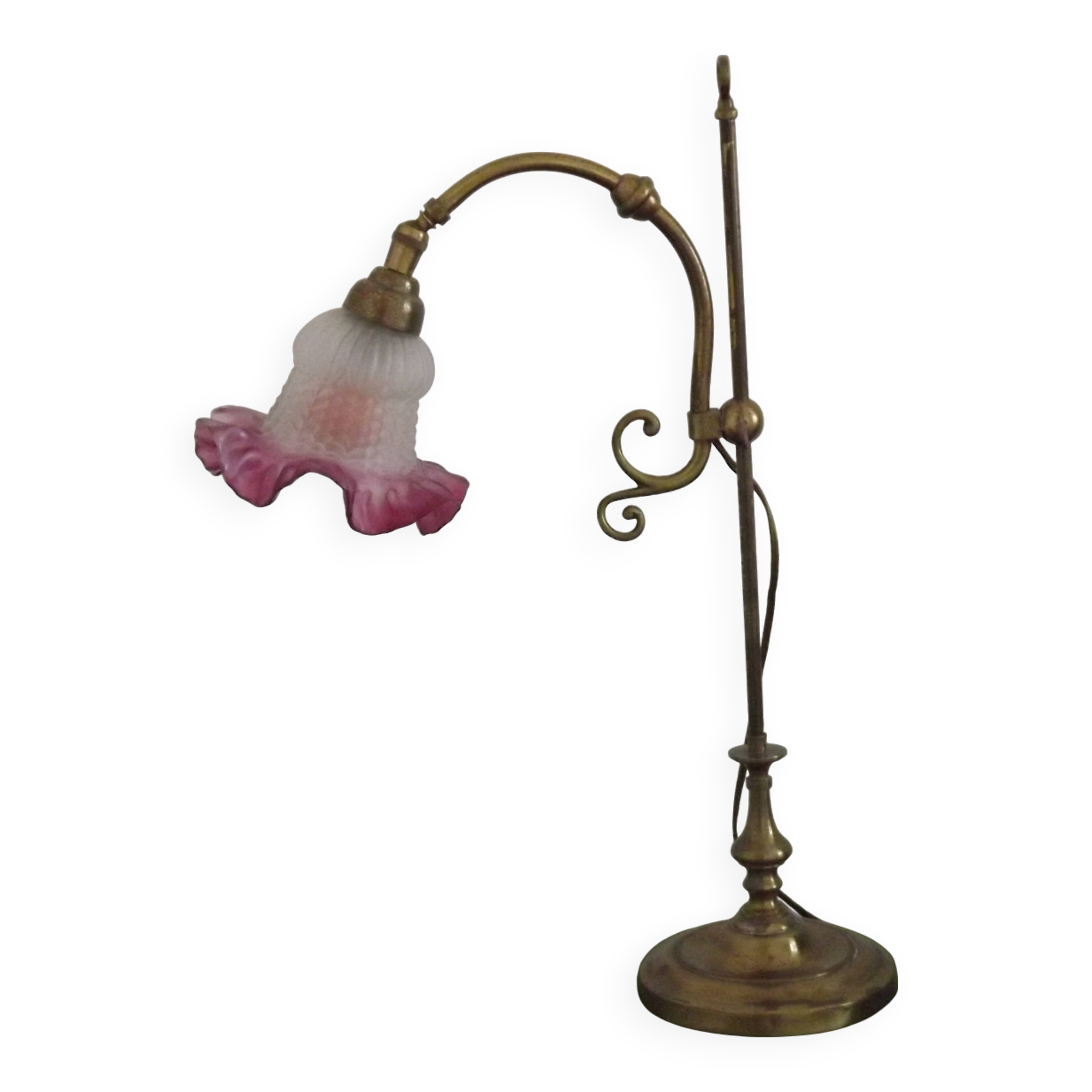 French Antique Brass Anglepoise Table Lamp Patterned Glass Pink Edged Shade 5131