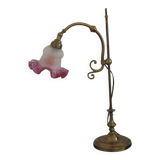French Antique Brass Anglepoise Table Lamp Patterned Glass Pink Edged Shade 5131