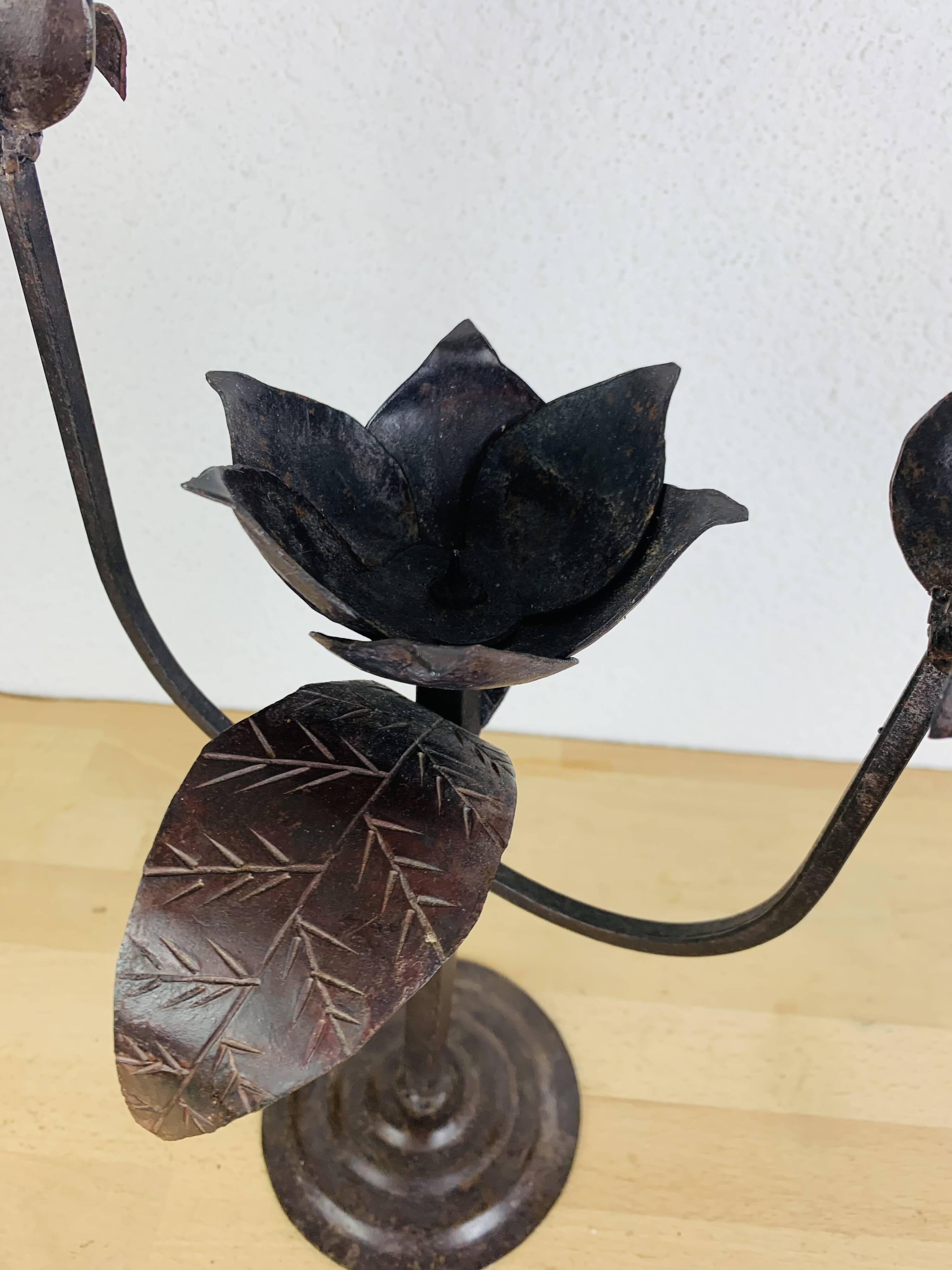 Brutalist wrought iron candle holder with birds