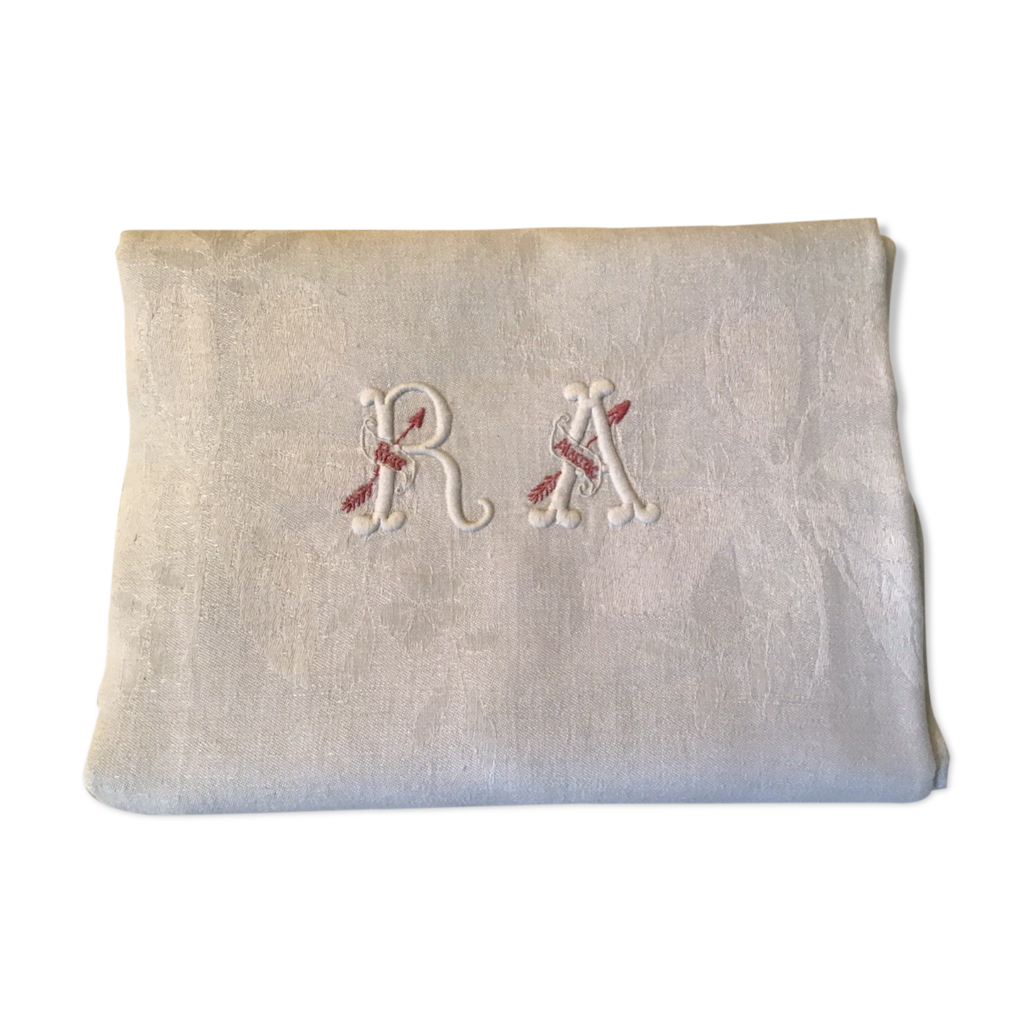 Square linen tablecloth marked RA