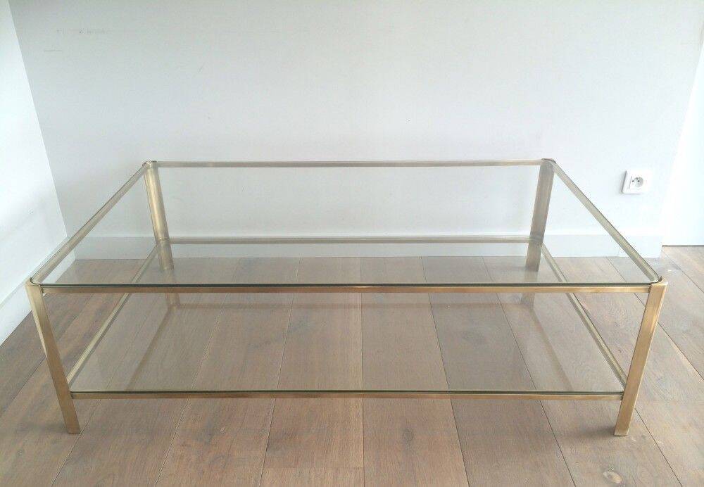 Large coffee table with a double top in polished bronze and glass, signed Jacques Théophile Lepelletier and stamped Broncz.