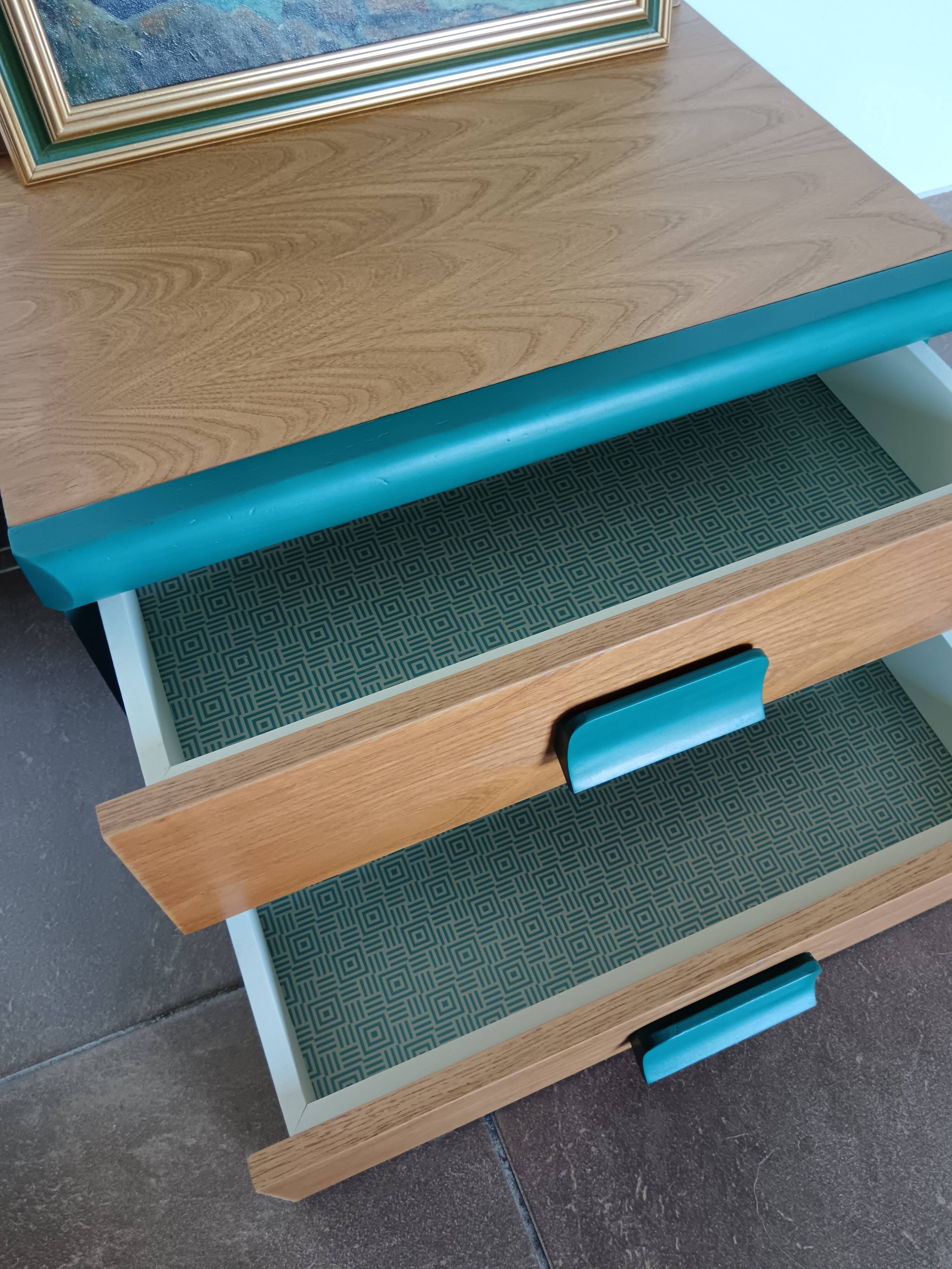 Table de chevet / Meuble d'appoint vert canard et bois – Style Scandinave