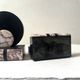 Art Deco bookends with a circular design in black and pink marble.