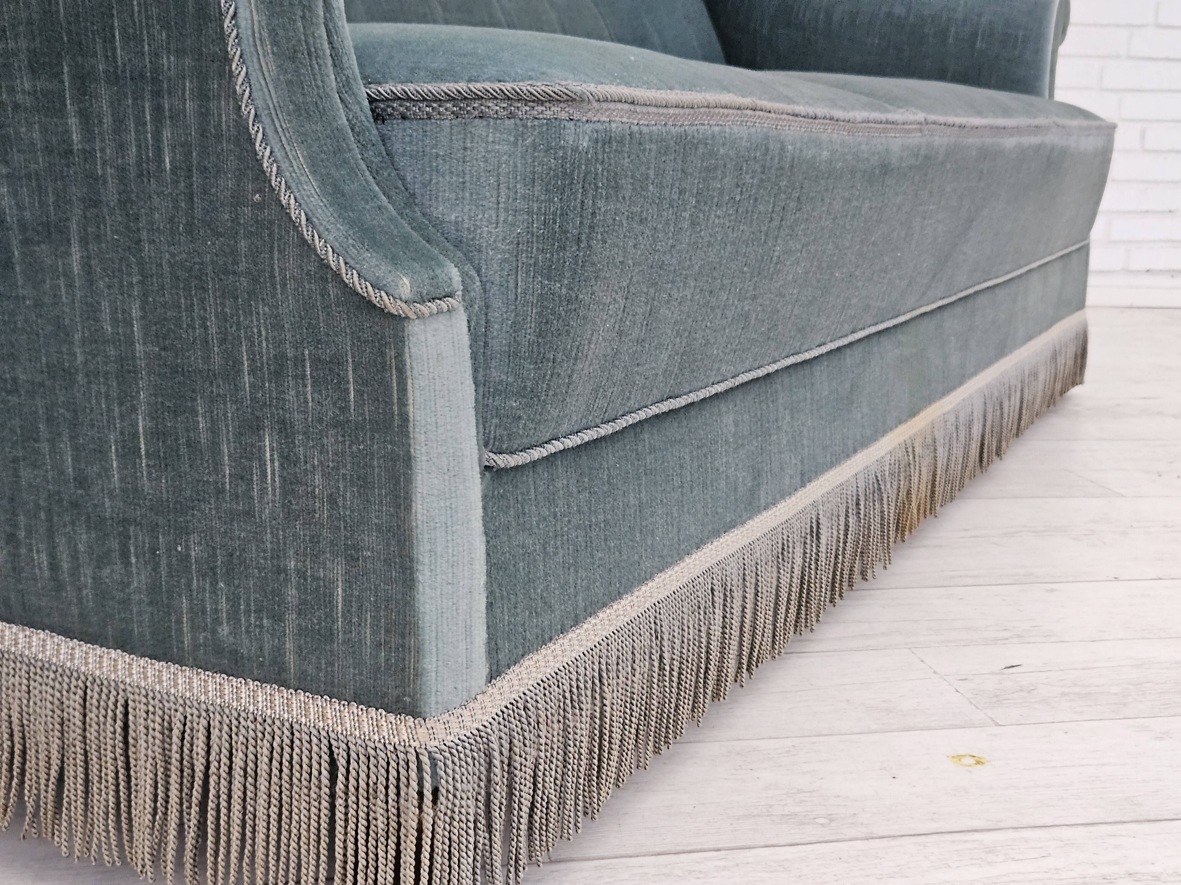 1960s, Danish 3 seater sofa, light blue velour, original good condition.