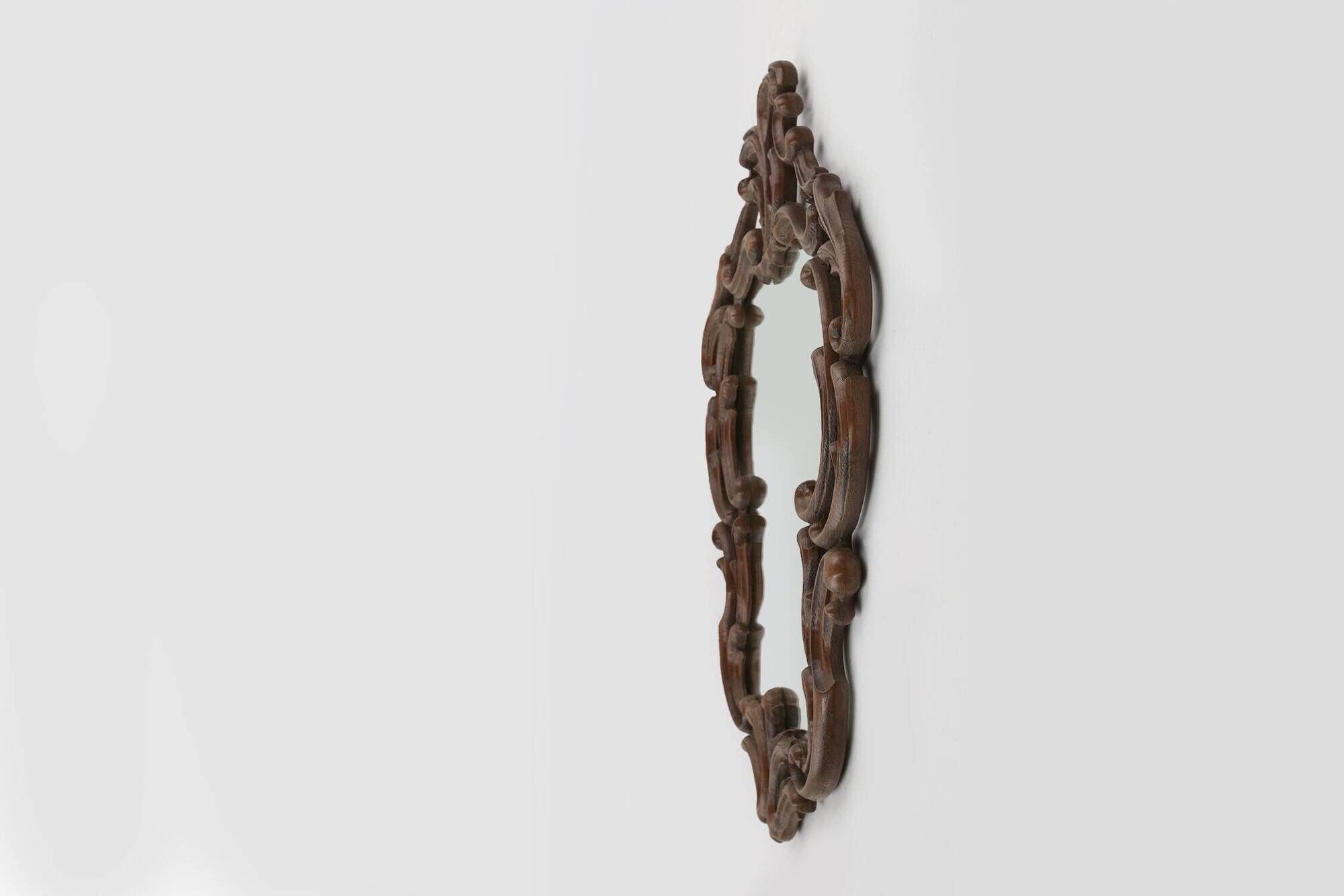 Baroque Mirror with Hand Carved Oak Ornated Frame, France 1950s