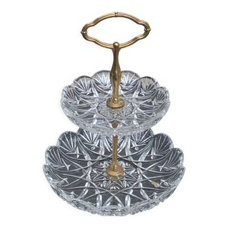 Servant with two molded glass trays, vintage golden brass handle