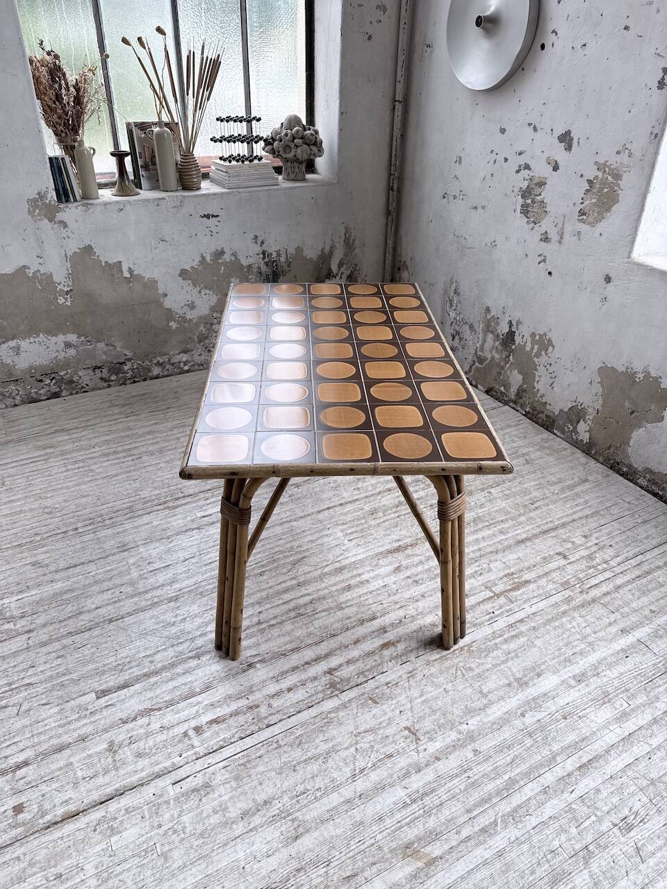 1950s rattan table with ceramic top