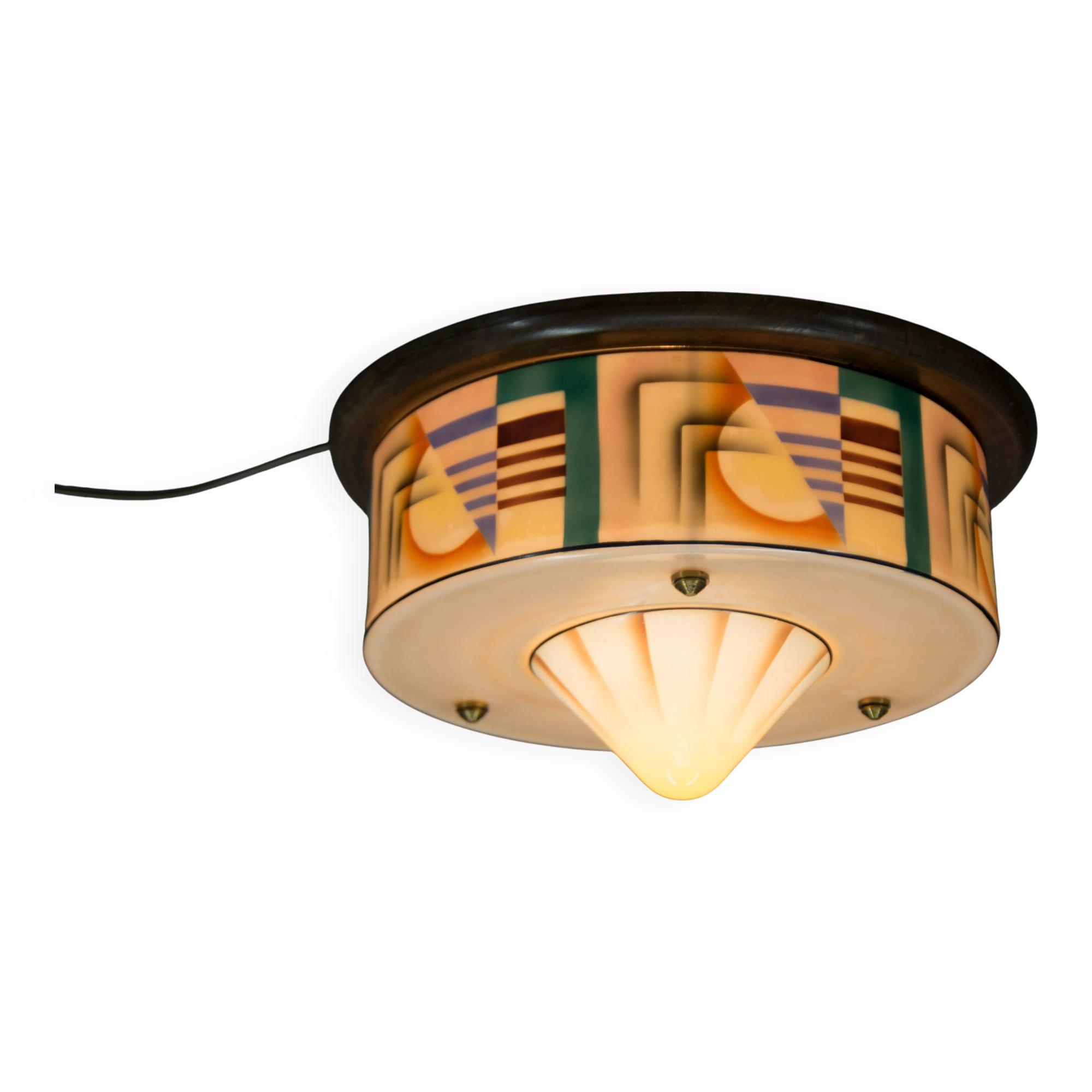 Art Deco Hand Painted Glass Flush Mount, 1920s