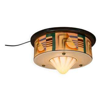 Art Deco Hand Painted Glass Flush Mount, 1920s