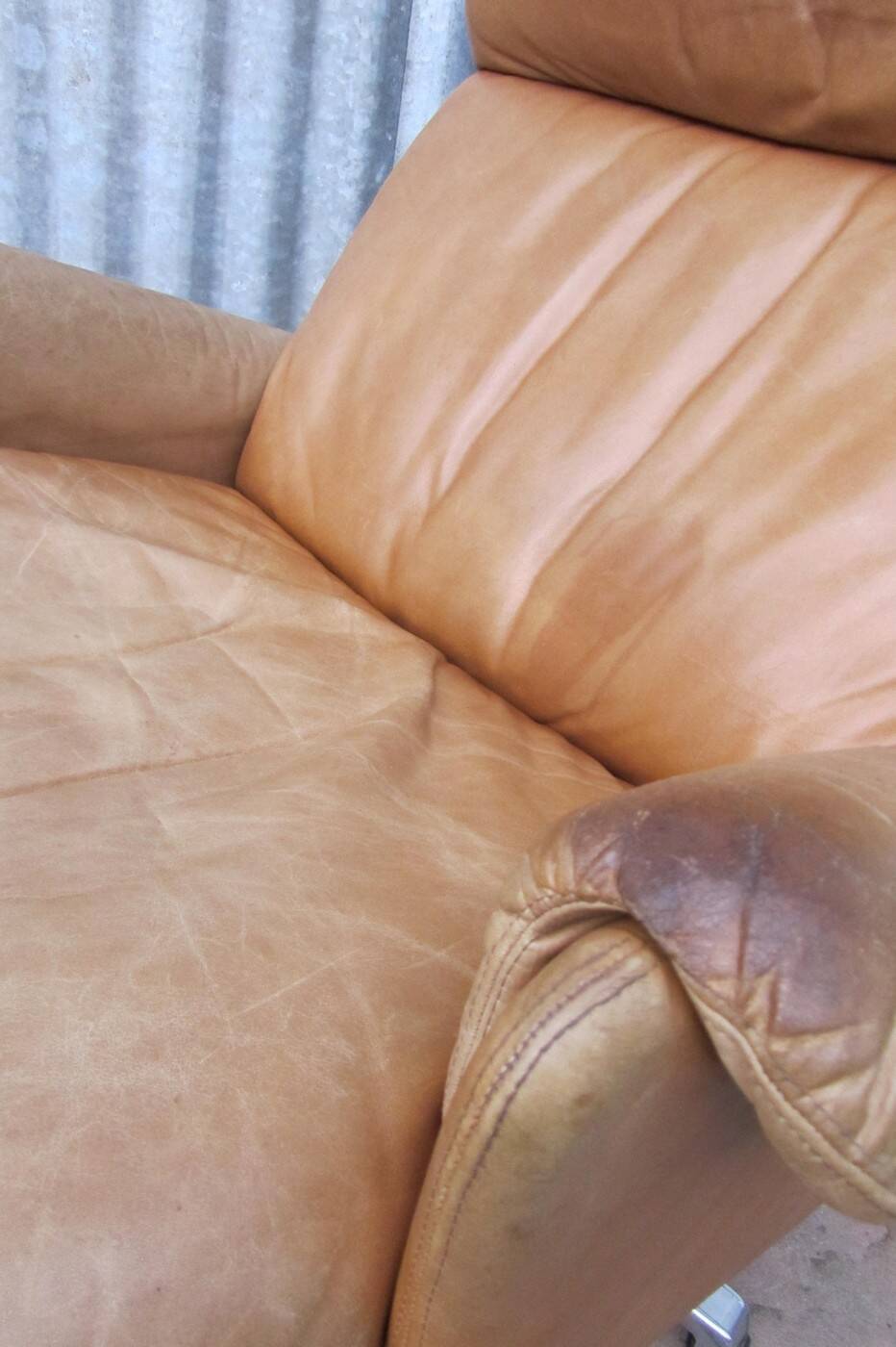 Mid-century vintage high back leather Swivel Armchair with Ottoman, 1970s