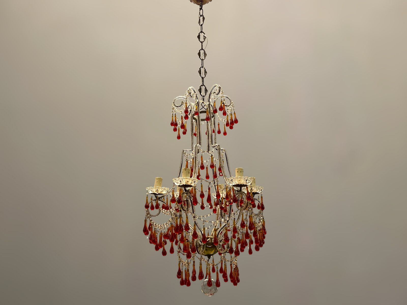 Vintage italian murano glass crystal macaroni beaded chandelier, 1950s