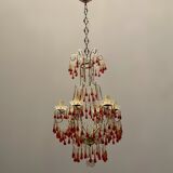Vintage italian murano glass crystal macaroni beaded chandelier, 1950s