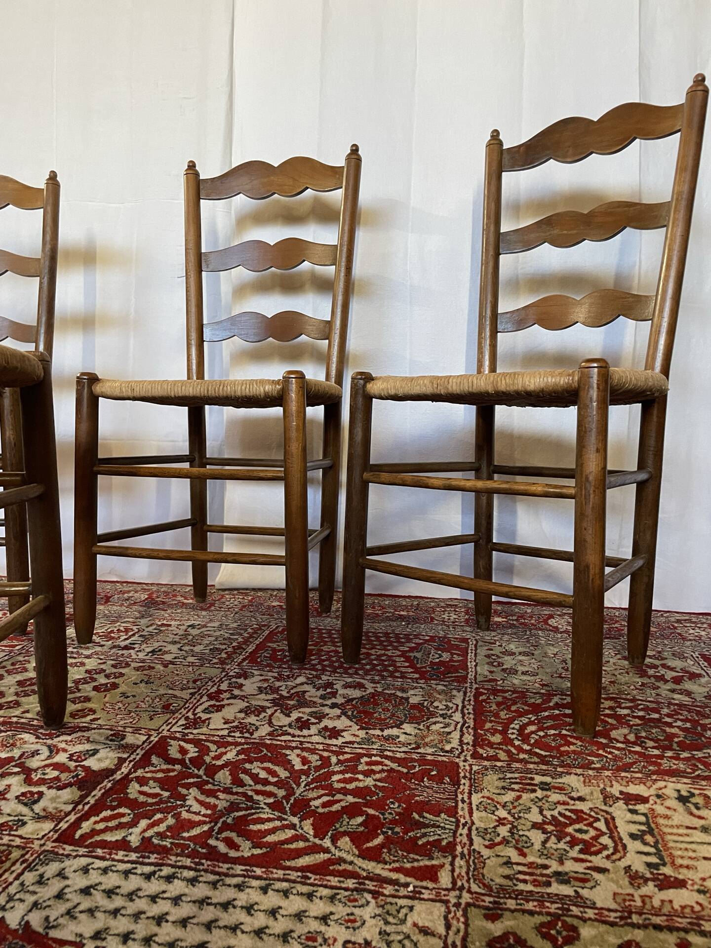 Set of 4 vintage wooden and straw chairs