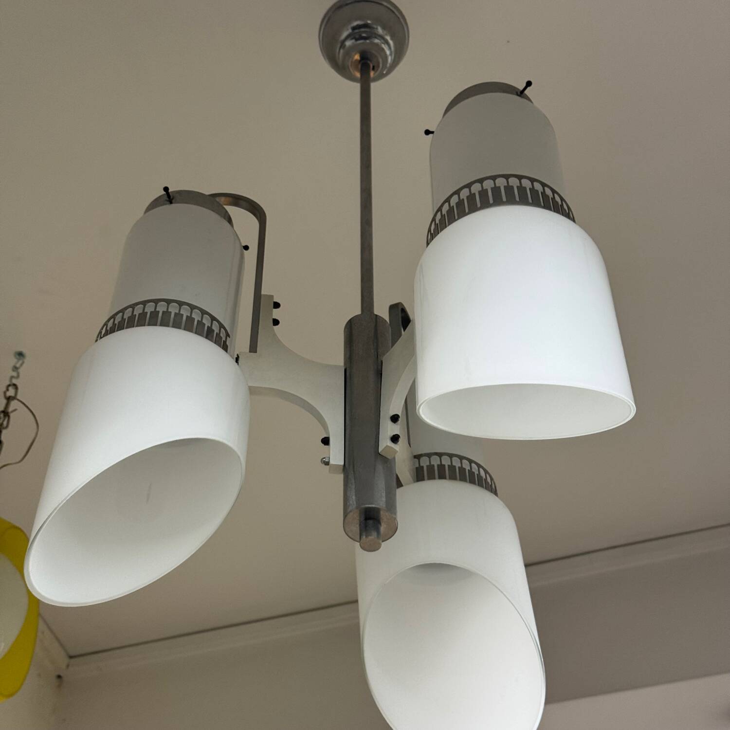 Lampadario Di Design Anni 70 3 Luci In Vetro E Acciaio Modernariato Vintage