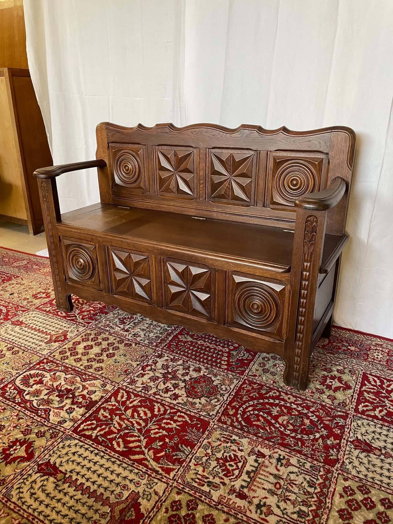 Antique oak carved bank chest – Breton style
