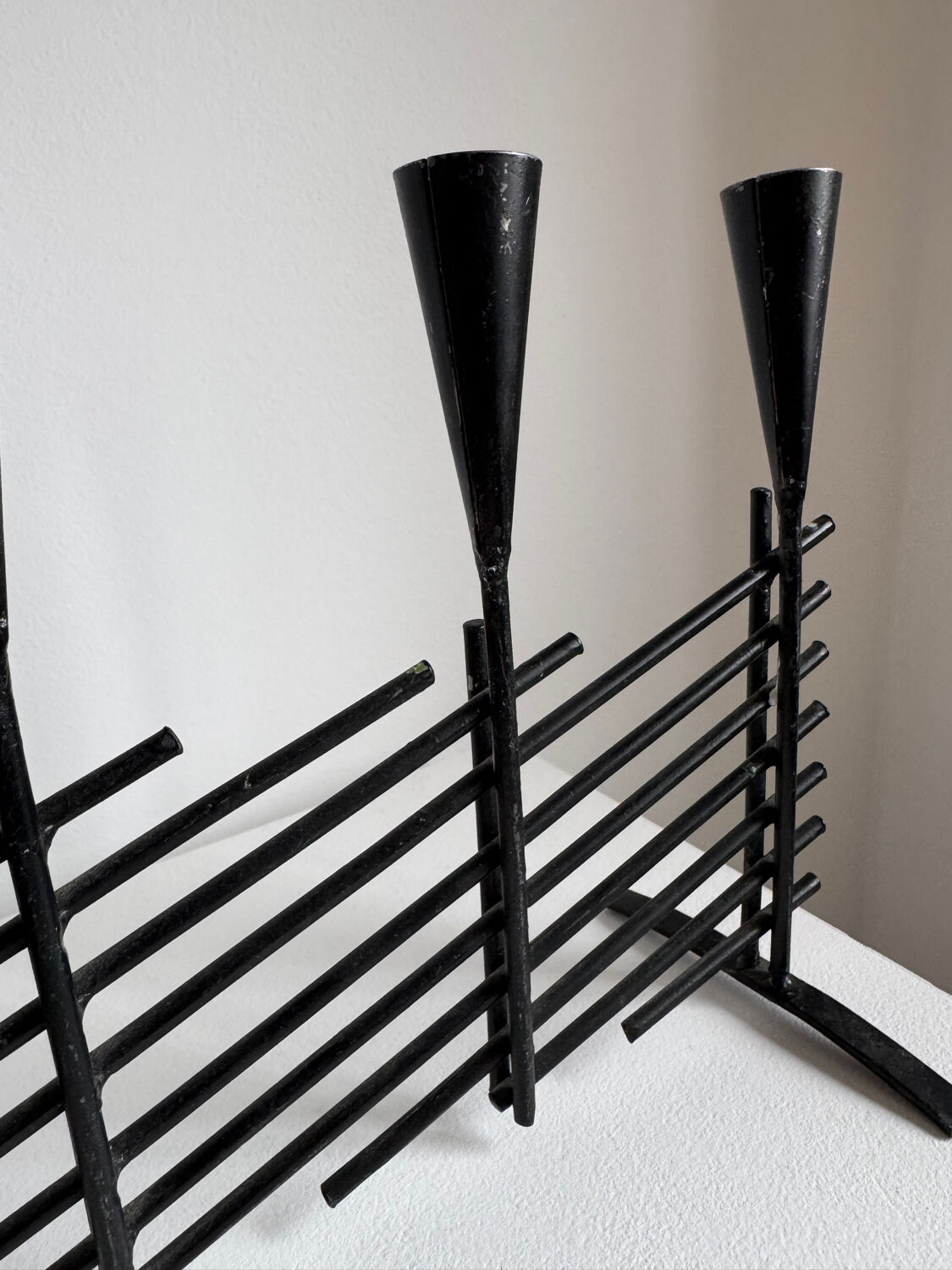 Vintage brutalist candelabrum in black metal