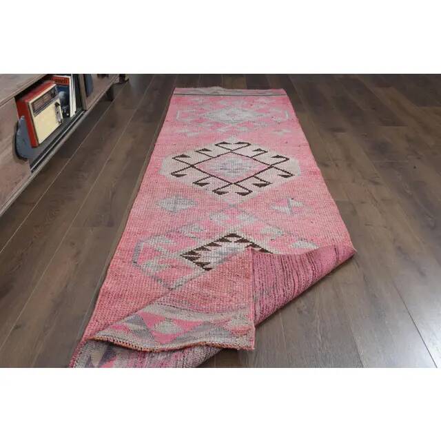 1970s Turkish Oushak Handmade Wool Cotton Pink Area Rug 84x304