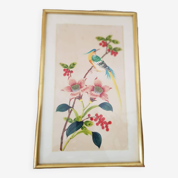 Japanese print on paper drawing of bird and flowers