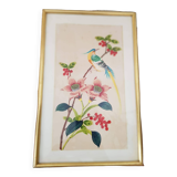 Japanese print on paper drawing of bird and flowers