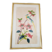 Japanese print on paper drawing of bird and flowers