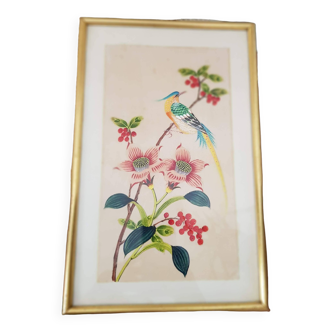 Japanese print on paper drawing of bird and flowers