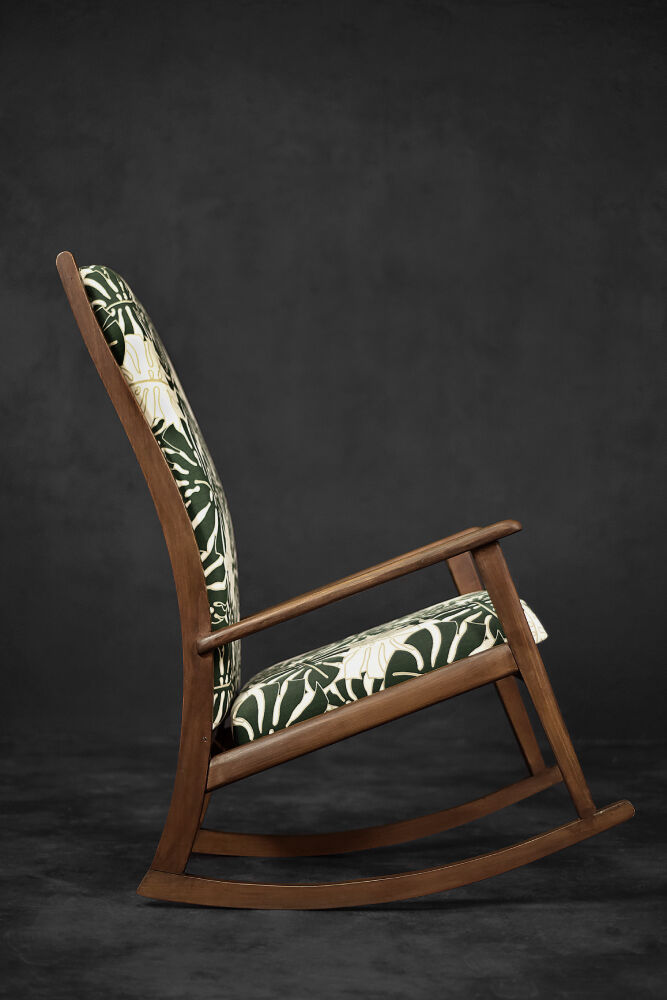 Vintage Mid-Century Danish Modern Rocking Chair in Wood and Monstera Leaf Pattern Fabric, 1960s